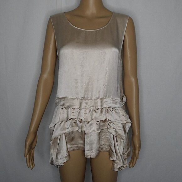 Theory Rikyo Ruffle Blouse Sleeveless Satin Silky Cream Tan Peplum Skirted Small - Picture 1 of 11